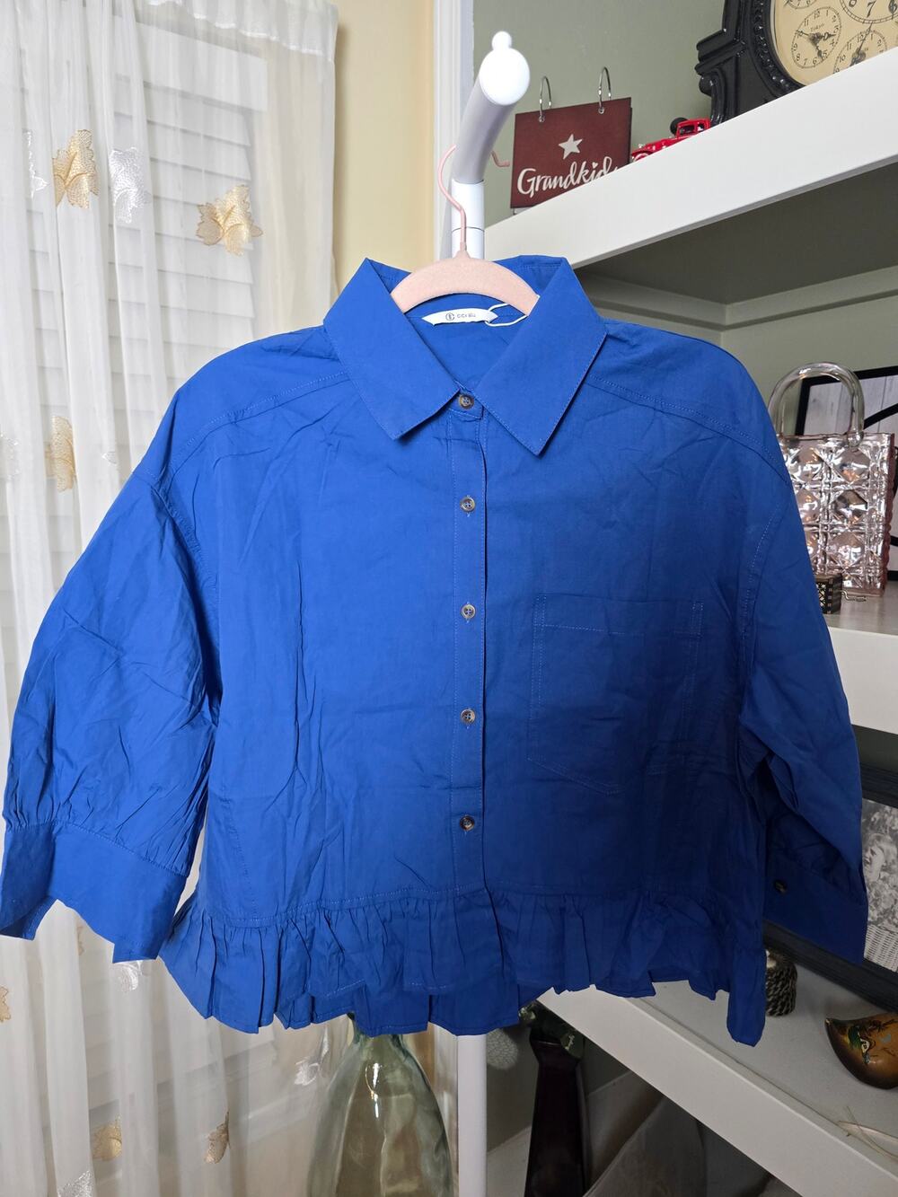 Cicy Bell Button-Down Ruffle Hem Cropped Blouse – Royal Blue – Size Medium – NWT